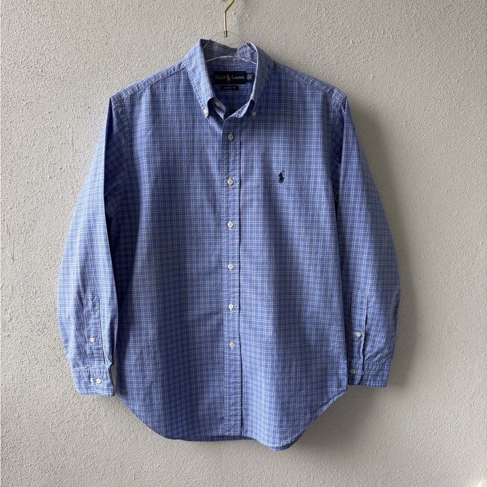 Ralph Lauren Classic Fit 100% Cotton Size 15.5 32/33 Blue‎ Plaid Long Sleeve